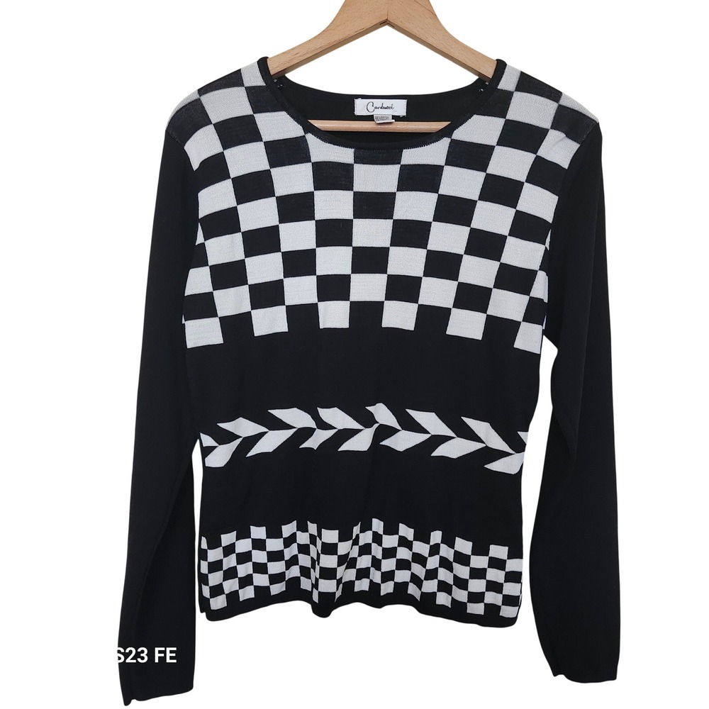 Vtg Carducci Sweater Women's Large Black White Checkerboard Geometric Mod Op Art